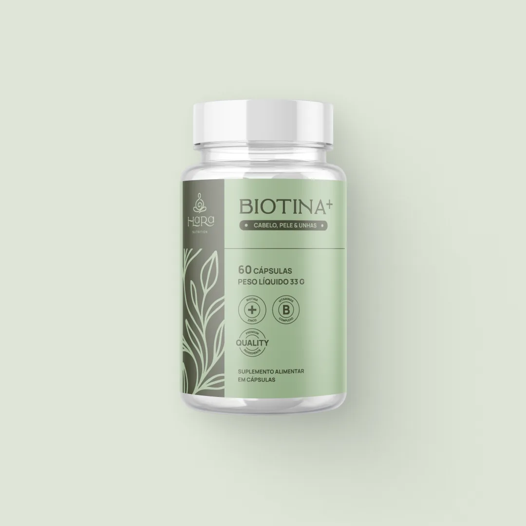 Pote de Biotina+ em cápsulas da Hara Nutrition visto de frente, rótulo verde com 60 cápsulas e peso líquido de 33 g.
