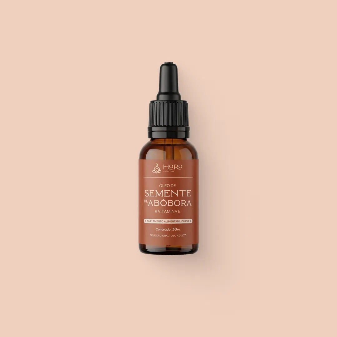 Frasco âmbar de Óleo de Semente de Abóbora com Vitamina E da Hara Nutrition visto de frente, com conta-gotas preto, conteúdo de 30 mL.