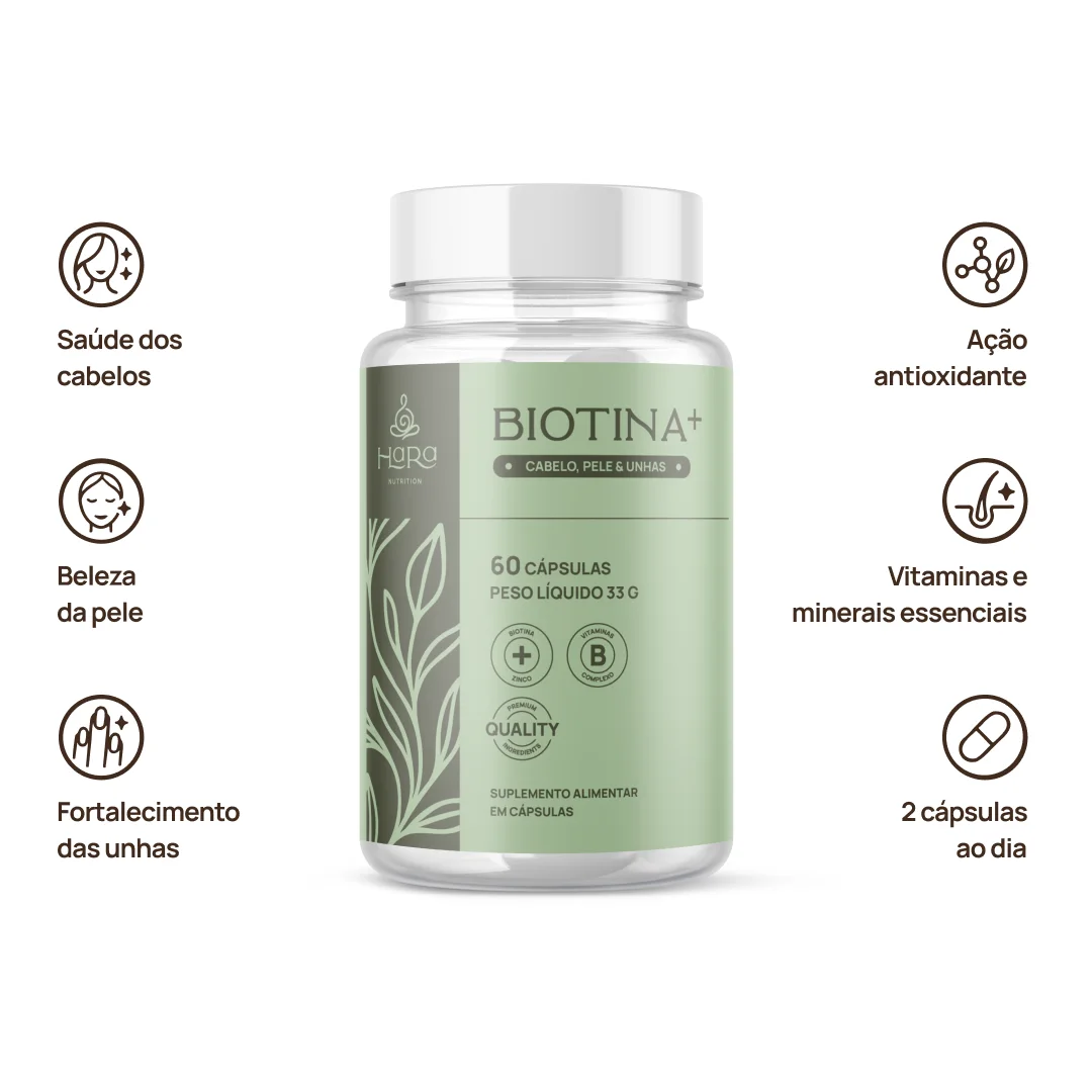 Propriedades da Biotina+: saúde dos cabelos, beleza da pele, fortalecimento das unhas, ação antioxidante, vitaminas e minerais essenciais. Dose: 2 cápsulas ao dia.