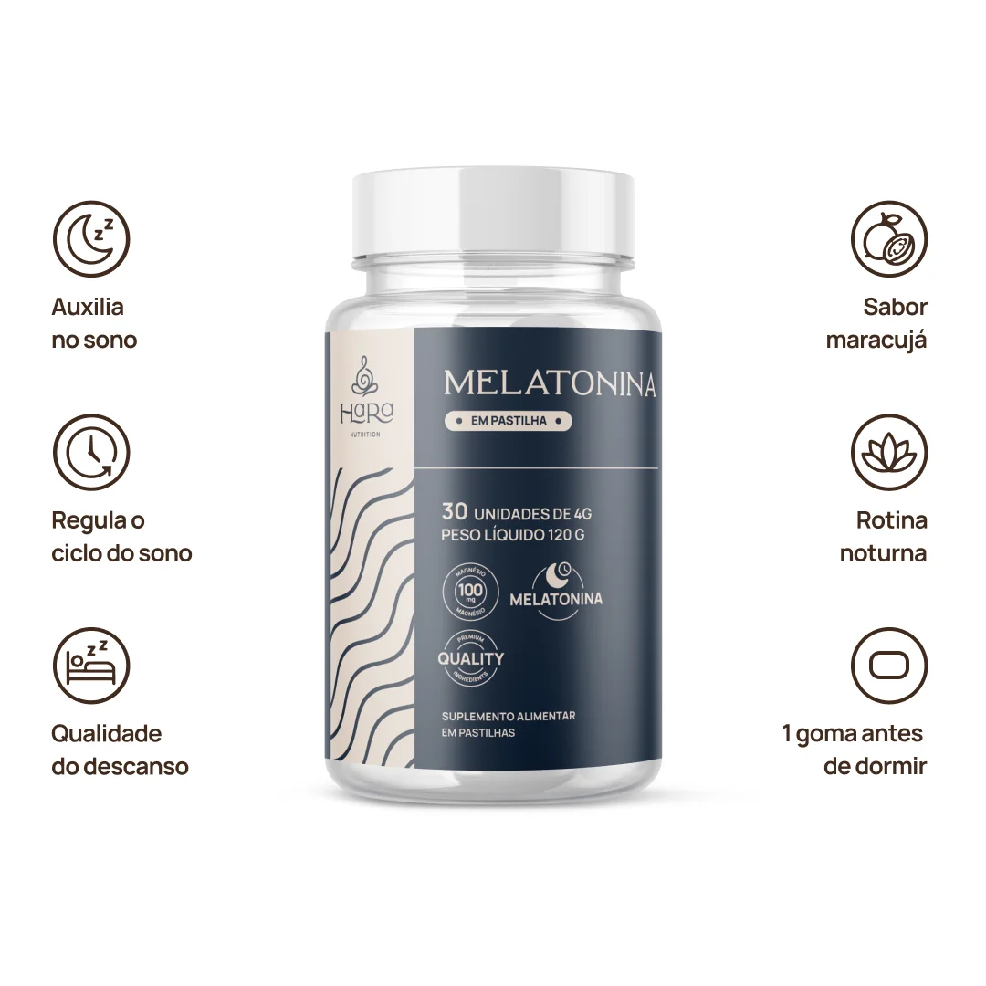 Propriedades da Melatonina em goma: auxilia no sono, regula o ciclo do sono, qualidade do descanso, sabor maracujá, rotina noturna. Dose: 1 goma antes de dormir.