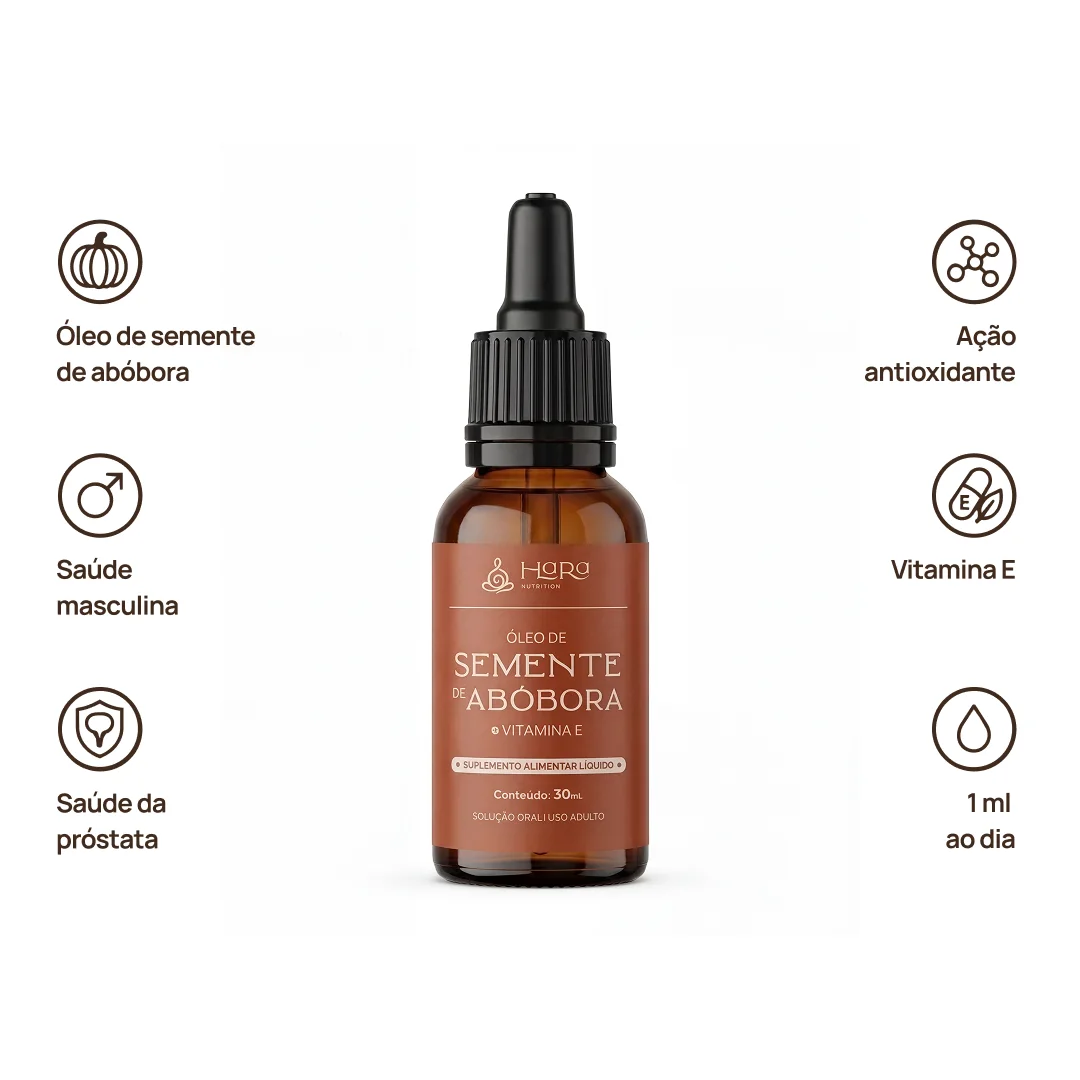 Propriedades do Óleo de Semente de Abóbora com Vitamina E: saúde masculina, saúde da próstata, ação antioxidante, vitamina e. Dose: 1 mL ao dia.