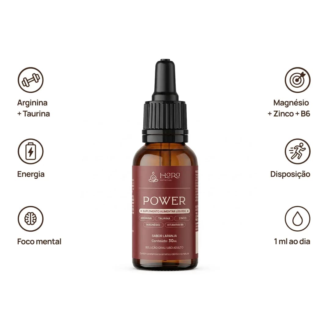 Propriedades do Power em gotas: arginina e taurina, energia, foco mental, magnésio com zinco e vitamina b6, disposição. Dose: 1 mL ao dia.