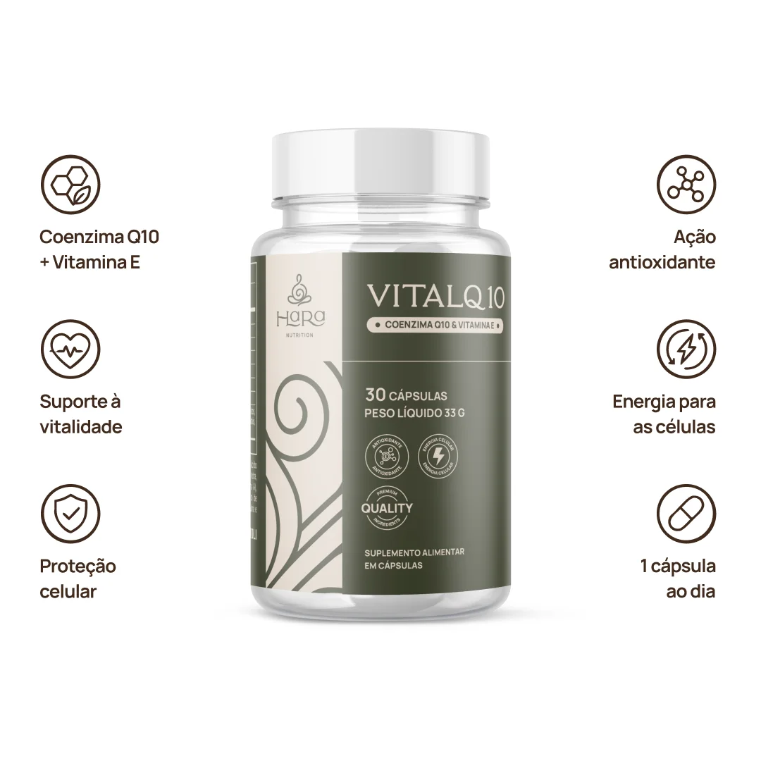 Propriedades do Vital Q10: coenzima q10 com vitamina e, suporte à vitalidade, proteção celular, ação antioxidante, energia para as células. Dose: 1 cápsula ao dia.